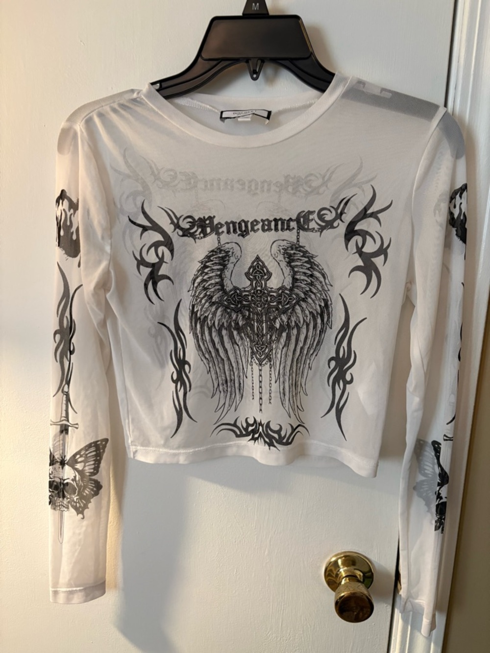 Discreet New York City White Sheer Mesh Top with Black Winged Graphic